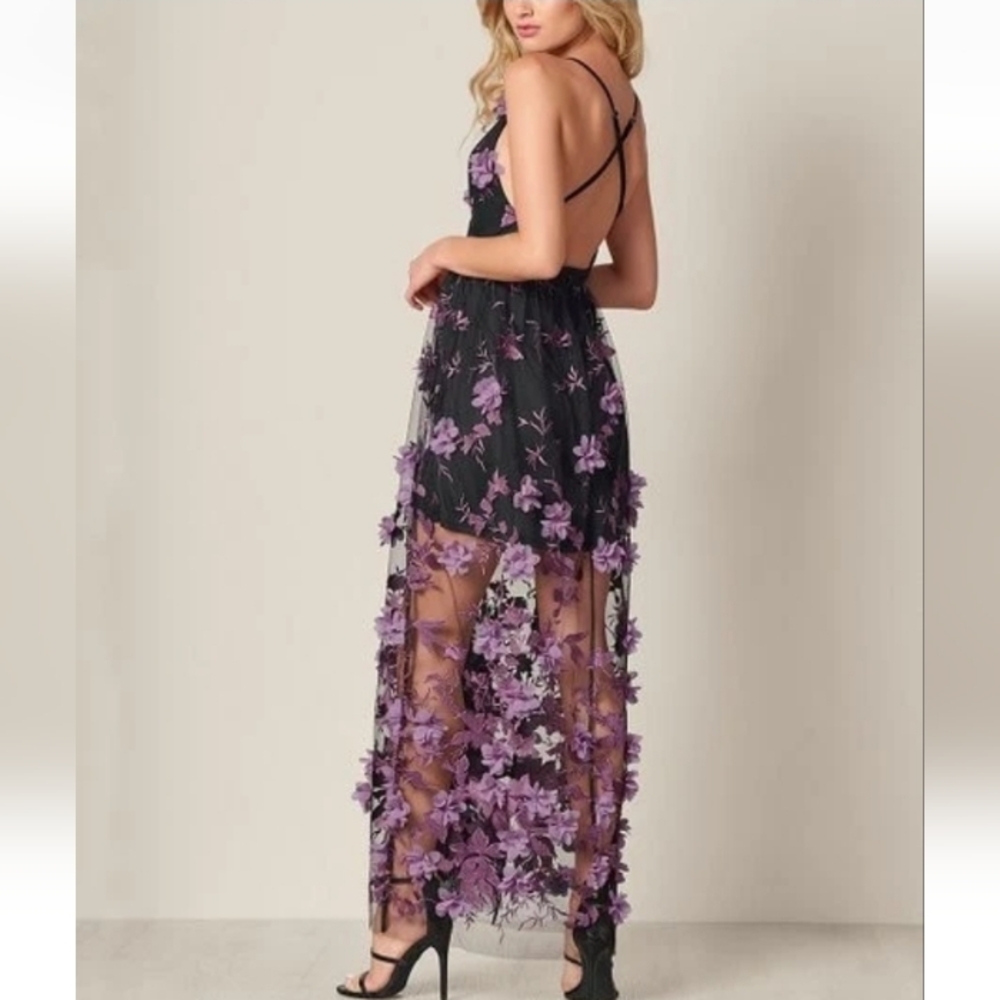 Venus Womens Lavender Black Floral 3-D Applique‎ Mesh Layered Maxi Dress Size 8 - Picture 11 of 11